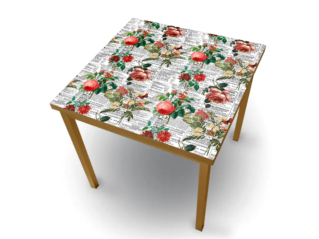 Autocolant blat masă, model ziar cu flori nuanțe de roșu, 100 x 200 cm, racletă inclusă