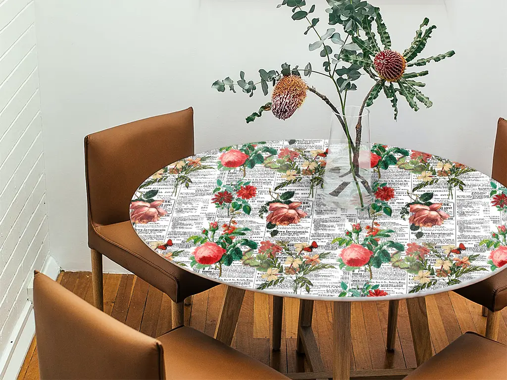 Autocolant blat masă, model ziar cu flori nuanțe de roșu, 100 x 200 cm, racletă inclusă