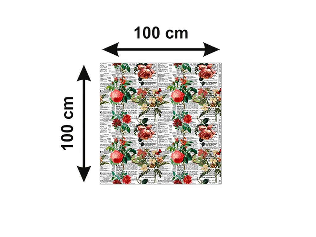 Autocolant blat masă, model ziar cu flori nuanțe de roșu, 100 x 100 cm, racletă inclusă