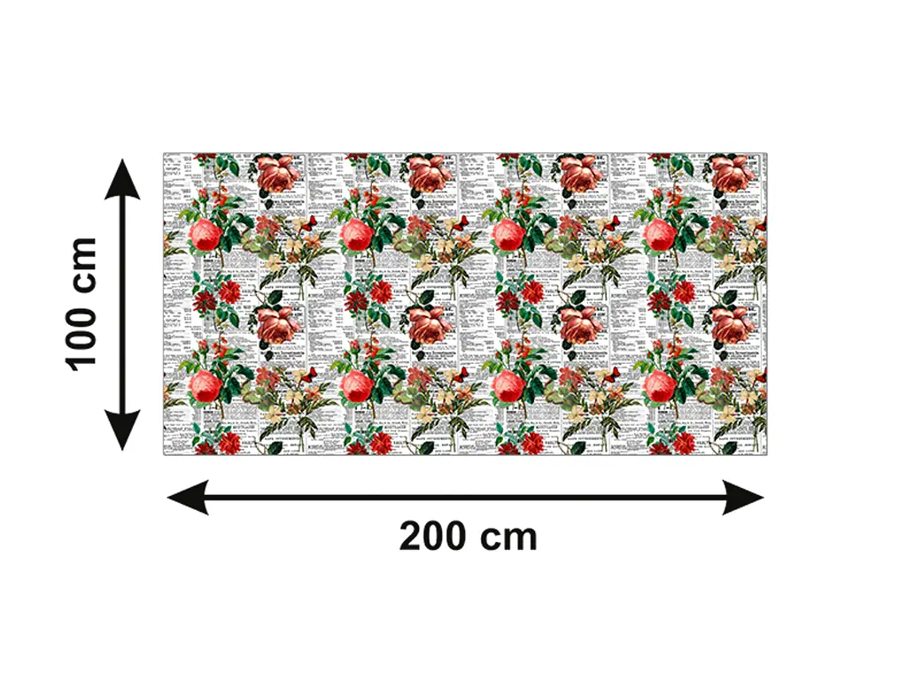 Autocolant blat masă, model ziar cu flori nuanțe de roșu, 100 x 200 cm, racletă inclusă