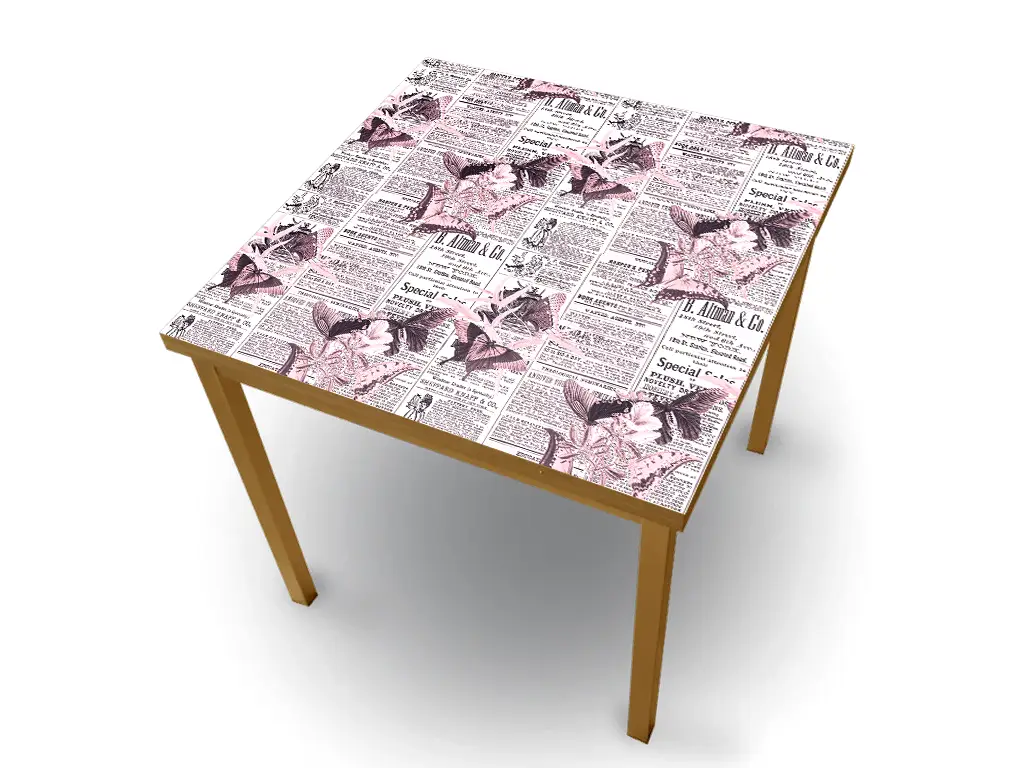 Autocolant blat masă, model ziar cu flori roz, 100 x 200 cm, racletă inclusă