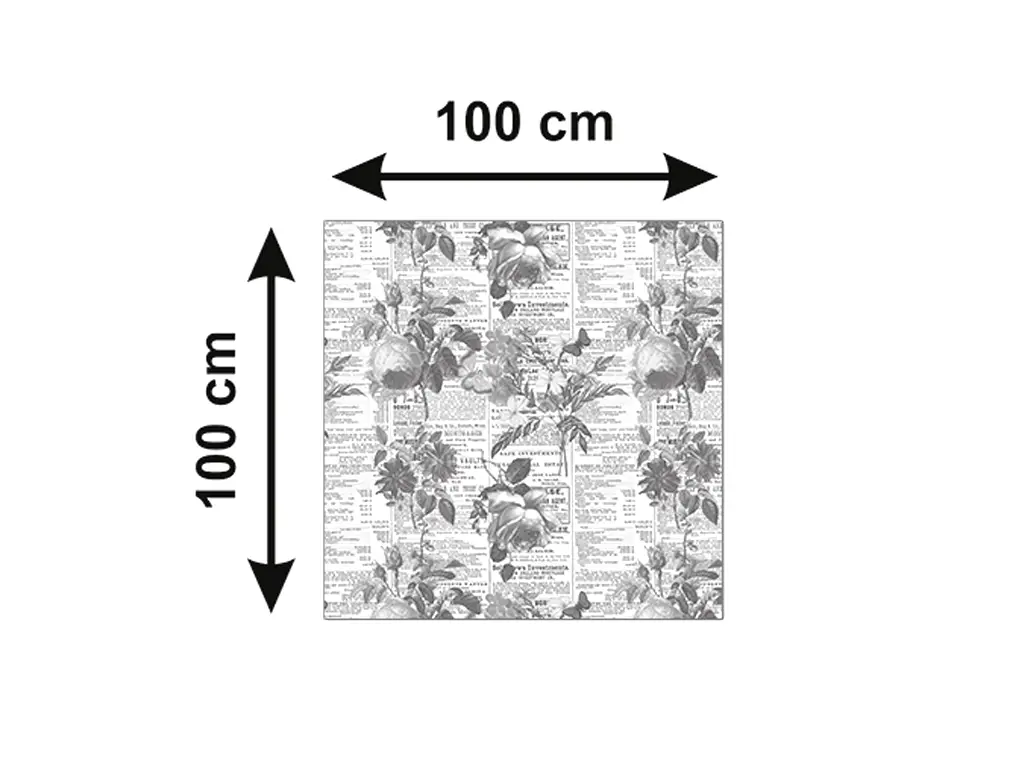 Autocolant blat masă, model ziar cu flori gri, 100 x 100 cm, racletă inclusă
