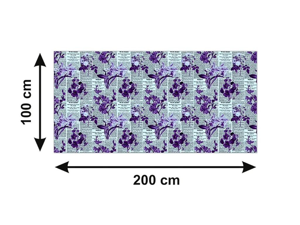 Autocolant blat masă, model ziar cu flori mov, 100 x 200 cm, racletă inclusă