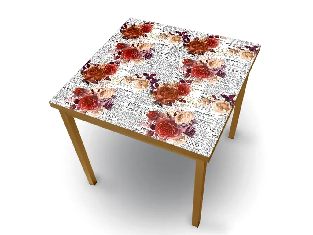 Autocolant blat masă, model ziar cu flori roșii, 100 x 200 cm, racletă inclusă