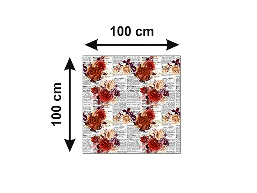 Autocolant blat masă, model ziar cu flori roșii, 100 x 100 cm, racletă inclusă