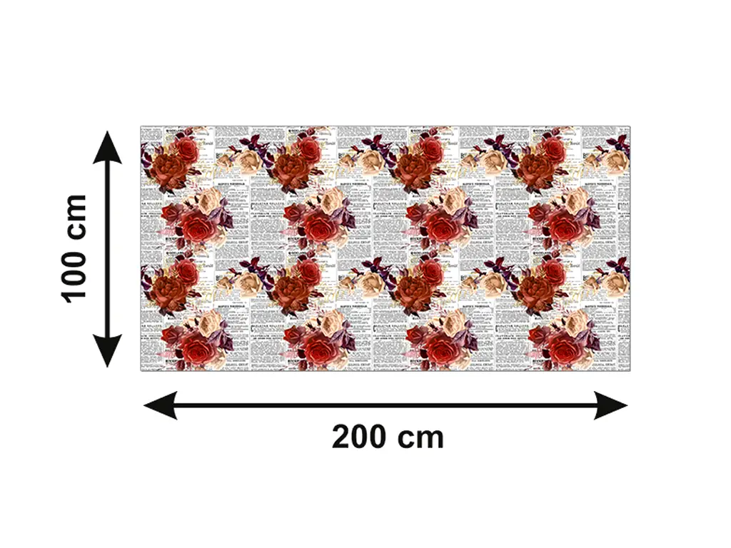 Autocolant blat masă, model ziar cu flori roșii, 100 x 200 cm, racletă inclusă