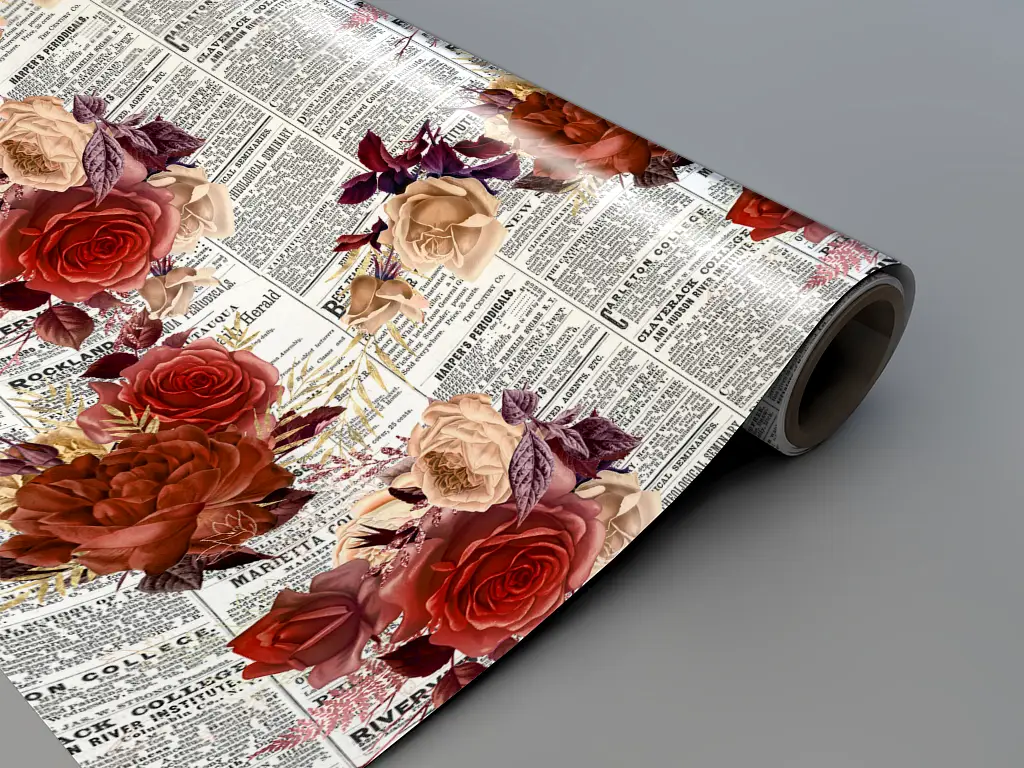 Autocolant blat masă, model ziar cu flori roșii, 100 x 200 cm, racletă inclusă