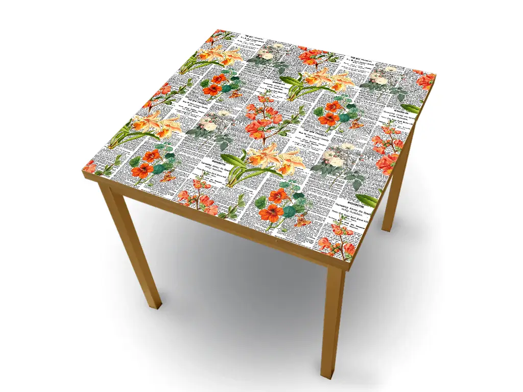 Autocolant blat masă, model ziar cu flori oranj, 100 x 200 cm, racletă inclusă