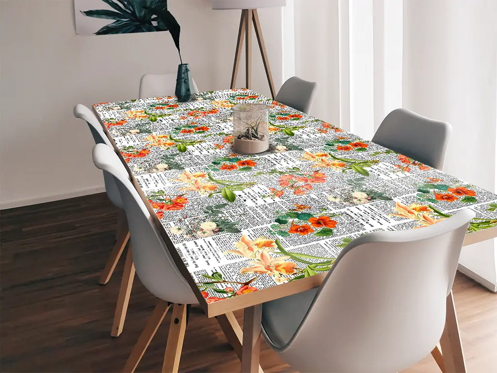 Autocolant blat masă, model ziar cu flori oranj, 100 x 200 cm, racletă inclusă