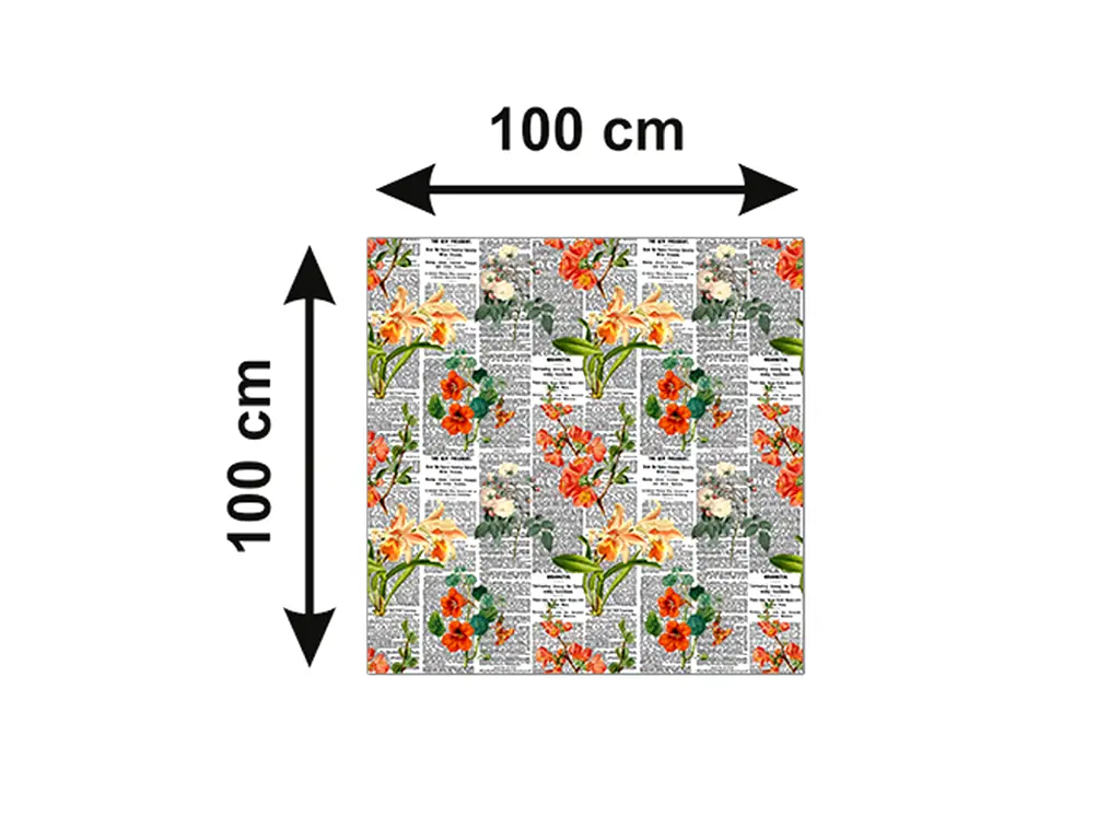 Autocolant blat masă, model ziar cu flori oranj, 100 x 100 cm, racletă inclusă