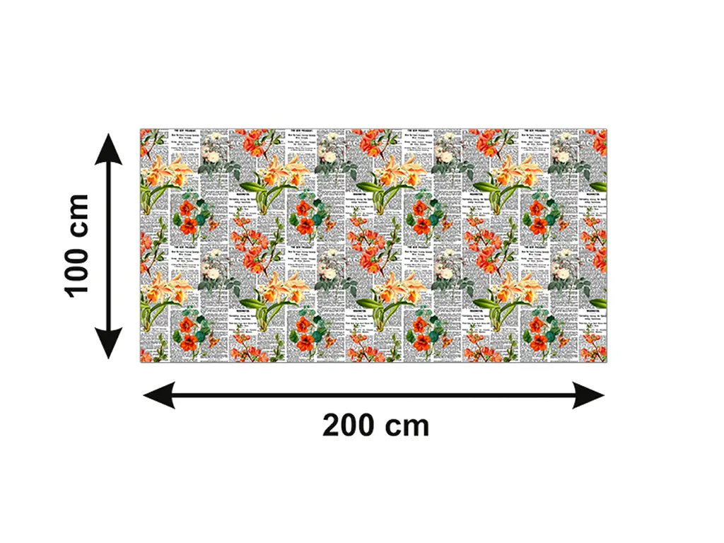 Autocolant blat masă, model ziar cu flori oranj, 100 x 200 cm, racletă inclusă