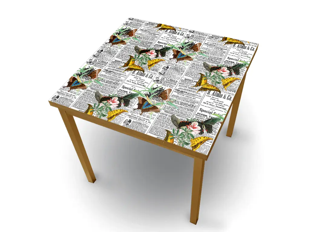 Autocolant blat masă, model ziar cu fluturi galbeni, 100 x 200 cm, racletă inclusă