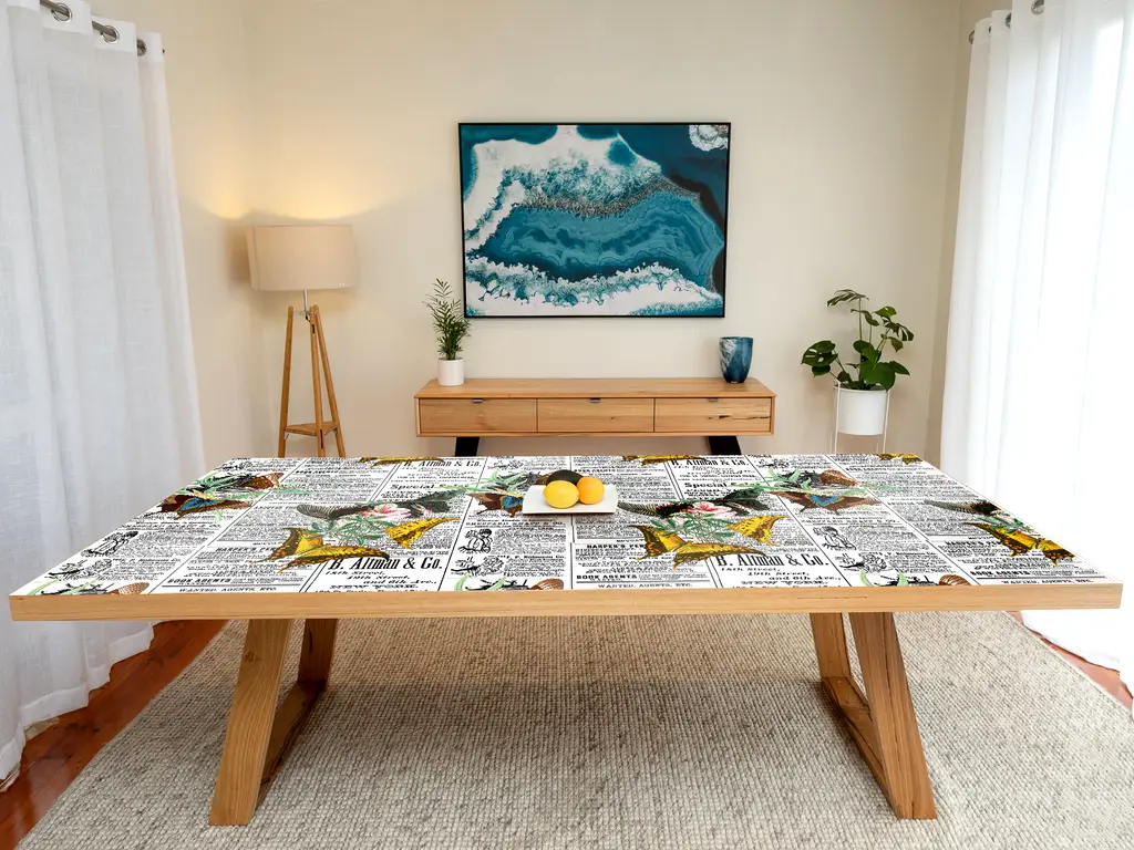 Autocolant blat masă, model ziar cu fluturi galbeni, 100 x 200 cm, racletă inclusă