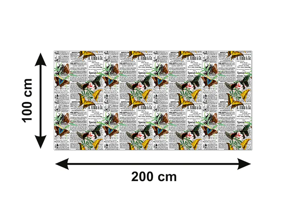 Autocolant blat masă, model ziar cu fluturi galbeni, 100 x 200 cm, racletă inclusă