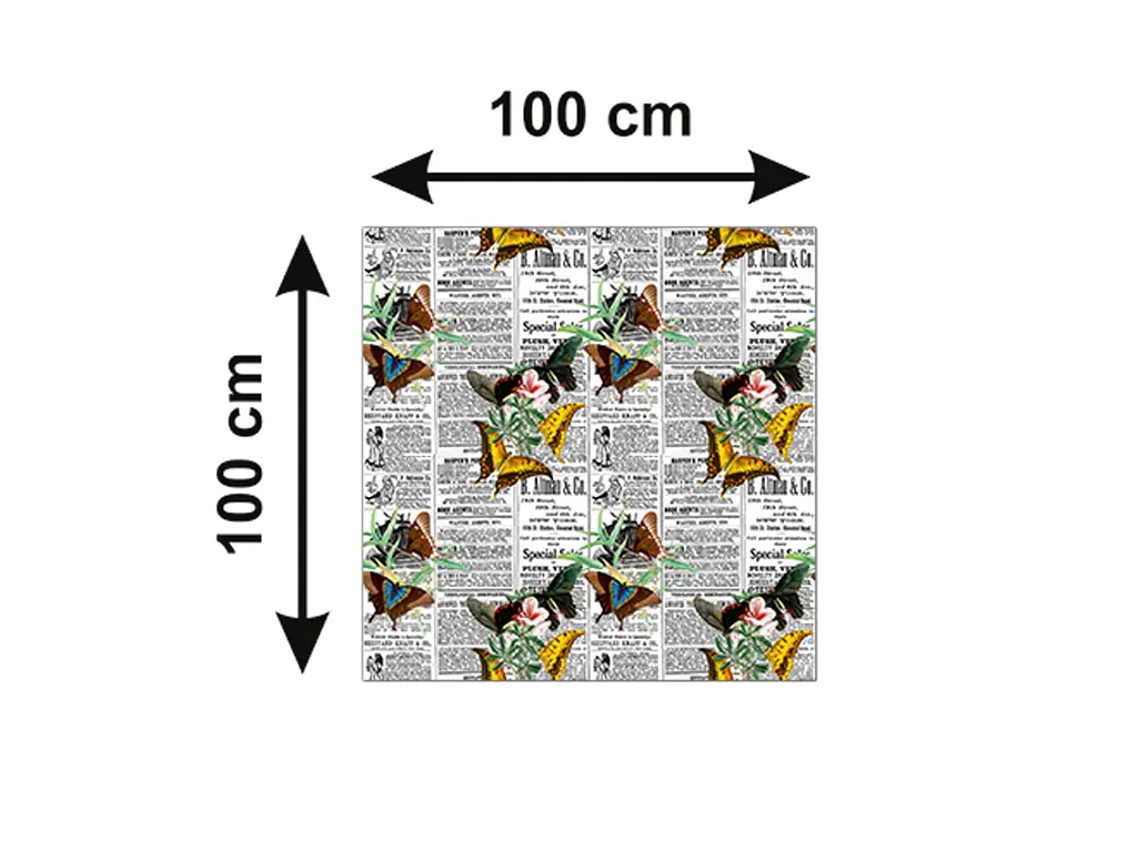 Autocolant blat masă, model ziar cu fluturi galbeni, 100 x 100 cm, racletă inclusă