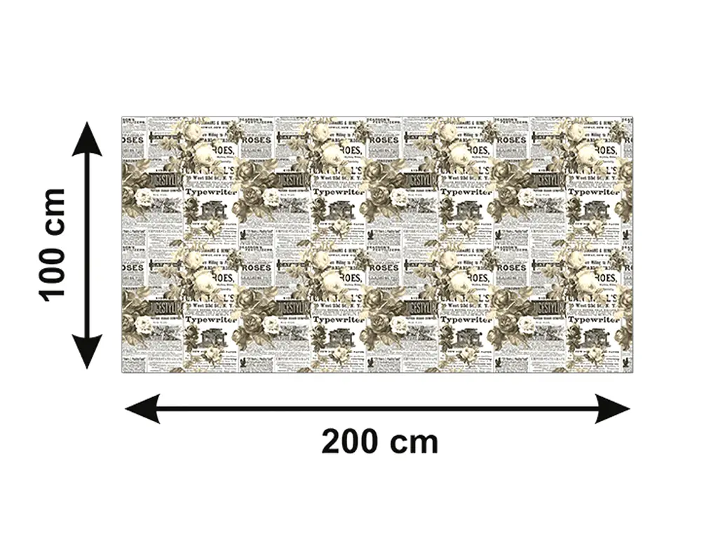 Autocolant blat masă, model ziar cu flori albe, 100 x 200 cm, racletă inclusă