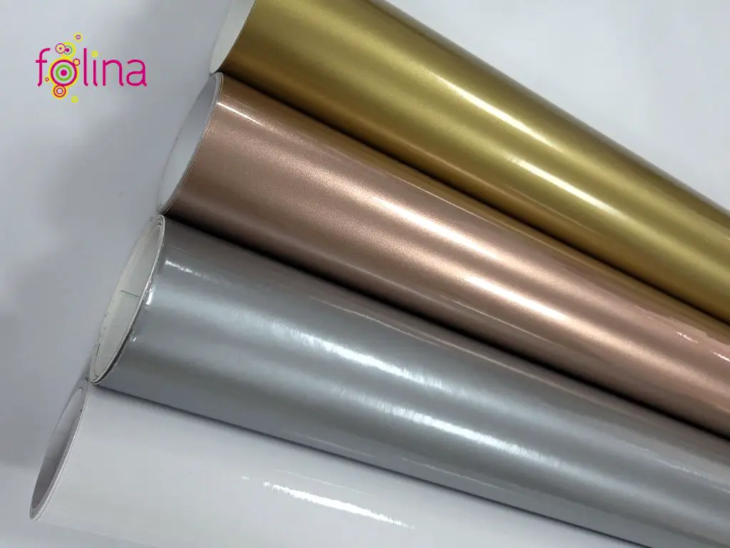 Set autocolant metalic lucios – auriu, rose gold, argintiu 30x100 cm + folie transfer 30x300 cm – pentru cutter plotter și stickere premium
