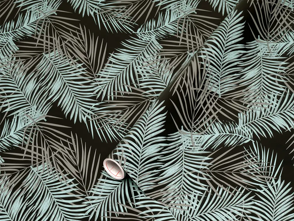 Autocolant mobilă, d-c-fix Jungle Palms, negru cu frunze vernil şi gri, rolă de 67x150 cm