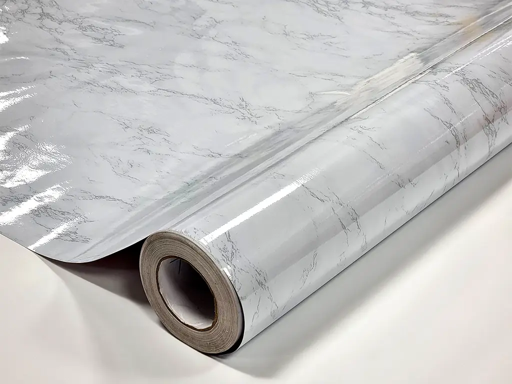 Autocolant blat masă, imitaţie marmură gri, aspect lucios, 120 cm lăţime