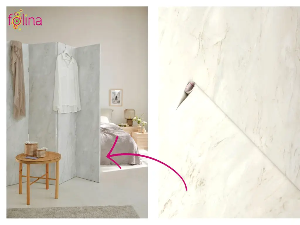 Autocolant mobilă Romeo Matt White, d-c-fix, imitaţie marmură, rolă de 67 cm x 5 metri, cu racletă şi cutter