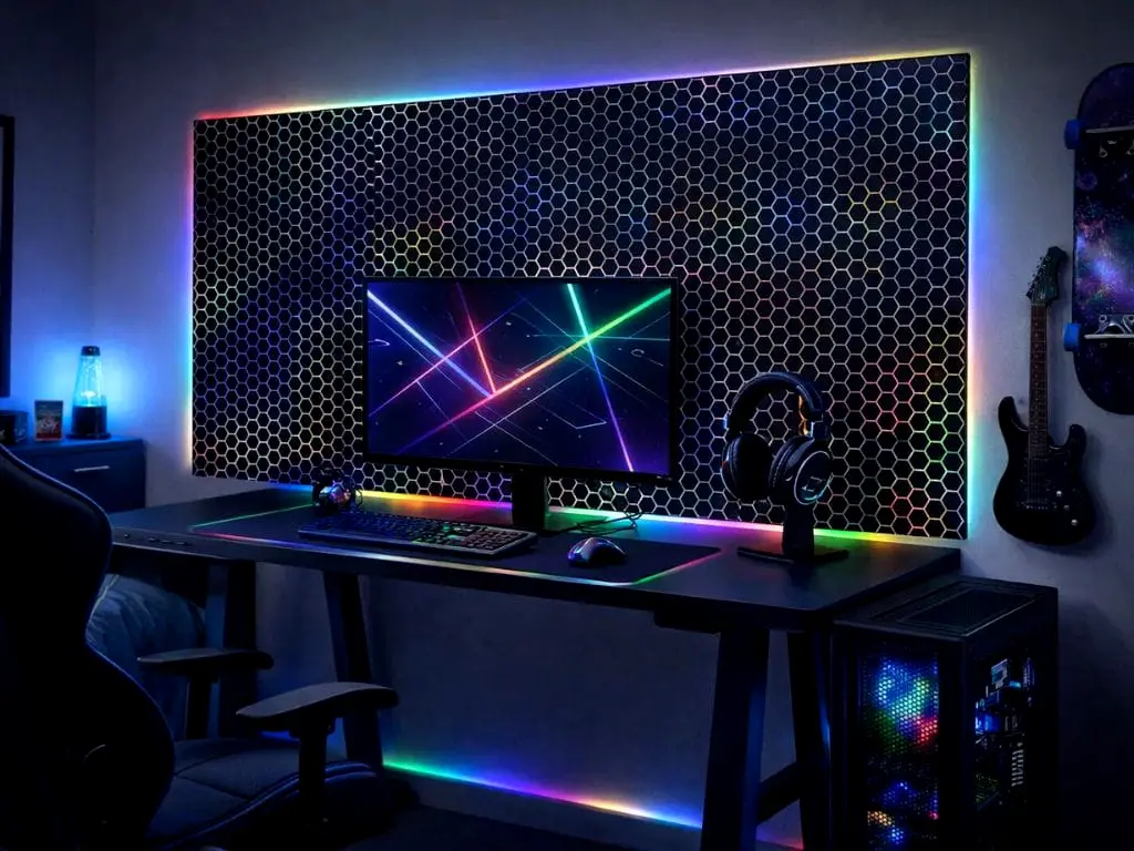 Autocolant mobilă negru cu model fagure holografic, pentru mobilier gaming și decoruri moderne - 75x250 cm
