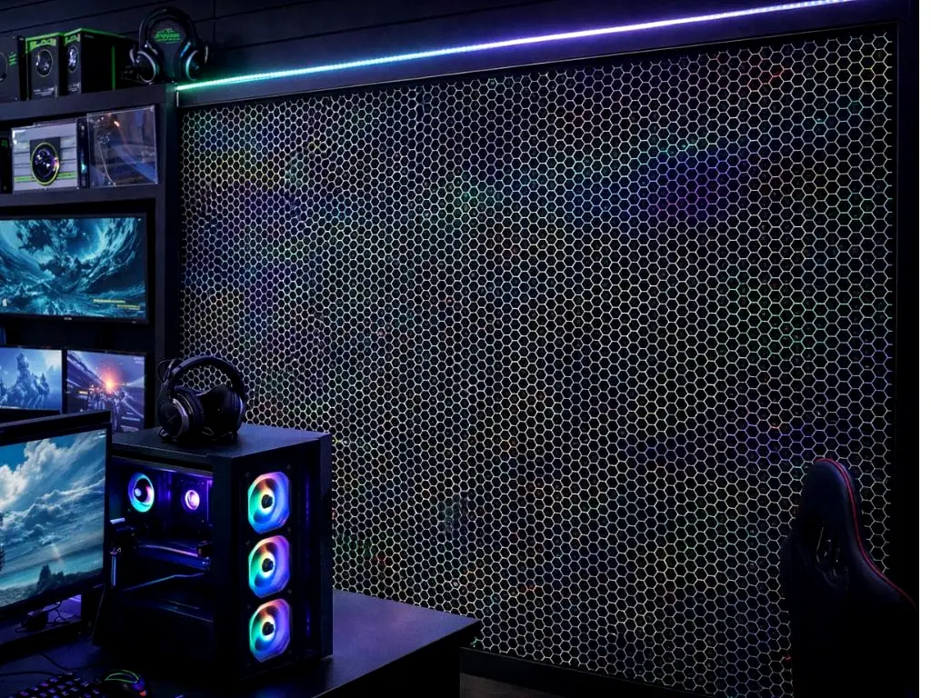 Autocolant mobilă negru cu model fagure holografic, pentru mobilier gaming și decoruri moderne - 75x250 cm