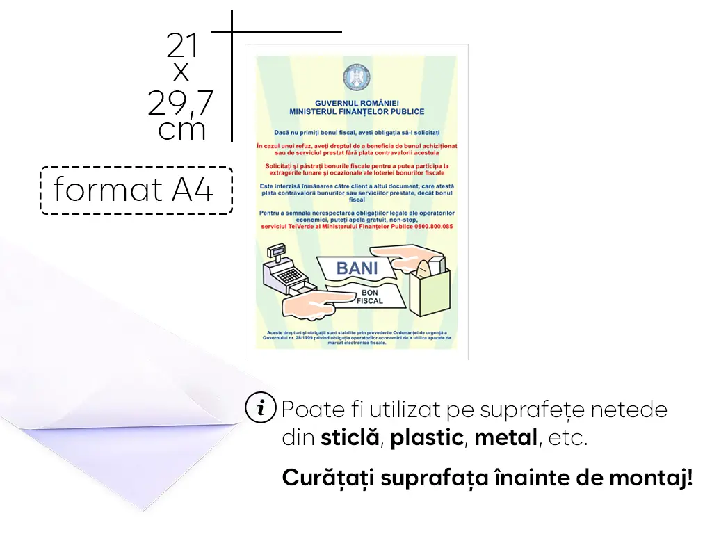 Autocolant obligatoriu de atenționare referitoare la bonurile fiscale pentru operatorii economici, Folina, format A4 - 210x297 mm