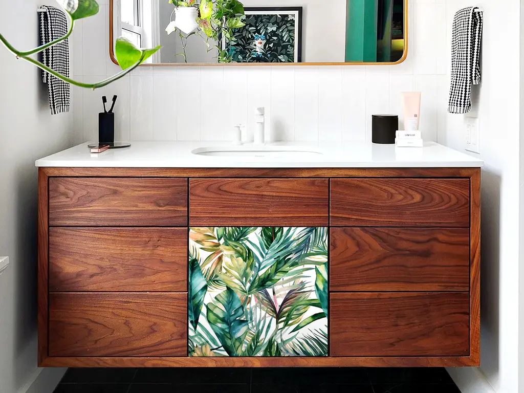 Autocolant pentru mobilă cu model frunze tropicale, Folina, rolă de 50x200 cm
