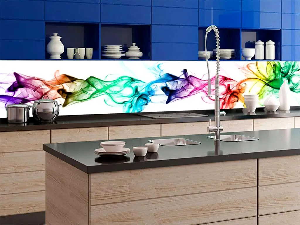 Autocolant perete backsplash, Dimex White Smoke, alb cu model abstract multicolor, rezistent la apă şi căldură, rolă de 60x350 cm