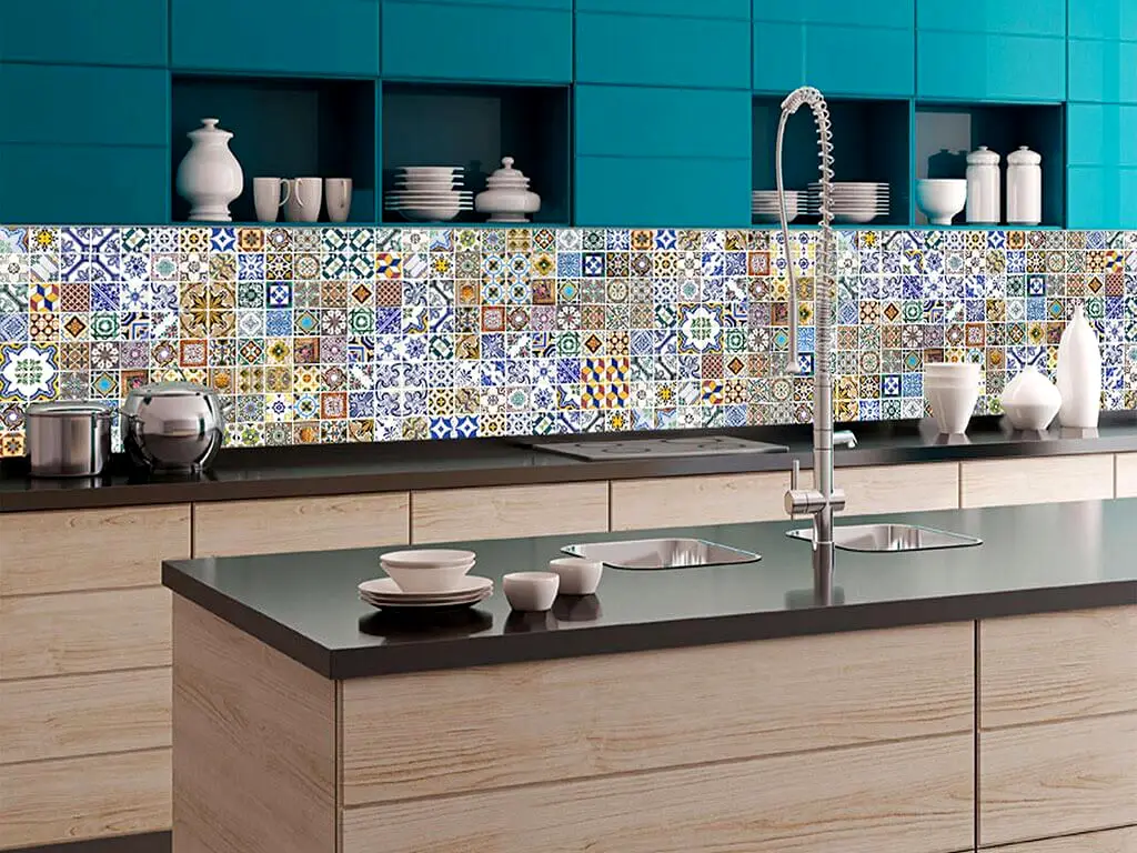 Autocolant perete backsplash, Dimex Portugal Tiles, faianţa decorativă multicoloră, rezistent la apă şi căldură, rolă de 60x350 cm