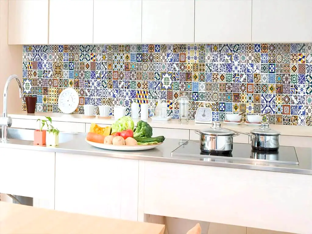 Autocolant perete backsplash, Dimex Portugal Tiles, faianţa decorativă multicoloră, rezistent la apă şi căldură, rolă de 60x350 cm