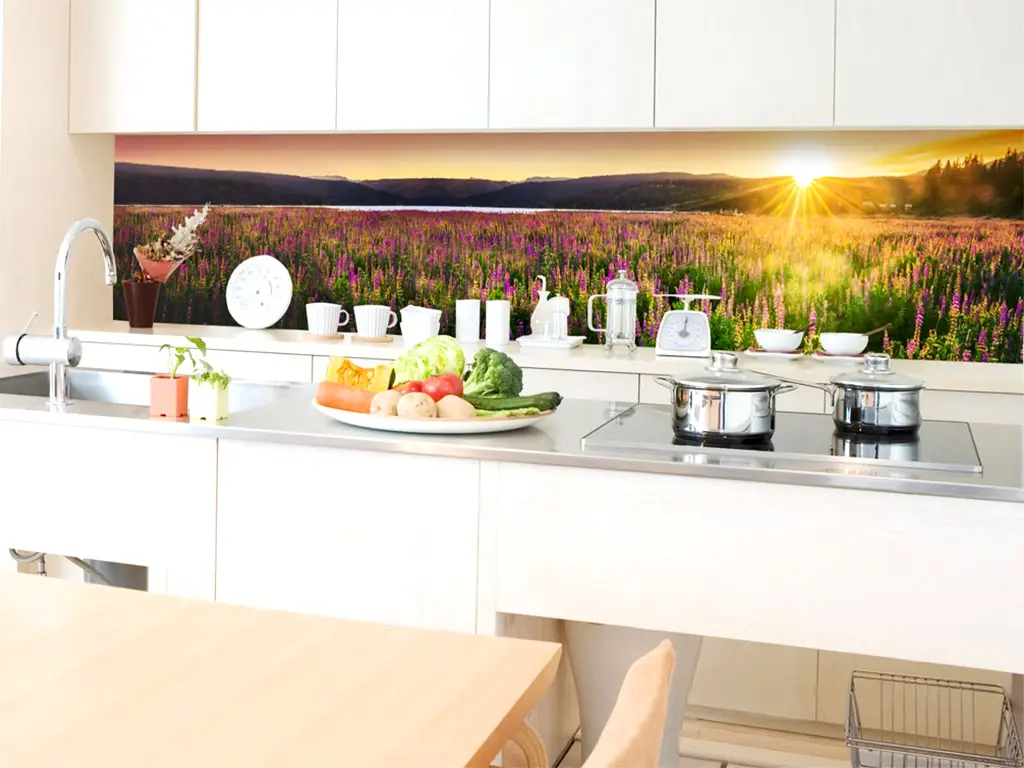 Autocolant perete bucătărie, Dimex, peisaj câmp cu flori la apus , rezistent la apă şi căldură, rolă de 60x350 cm