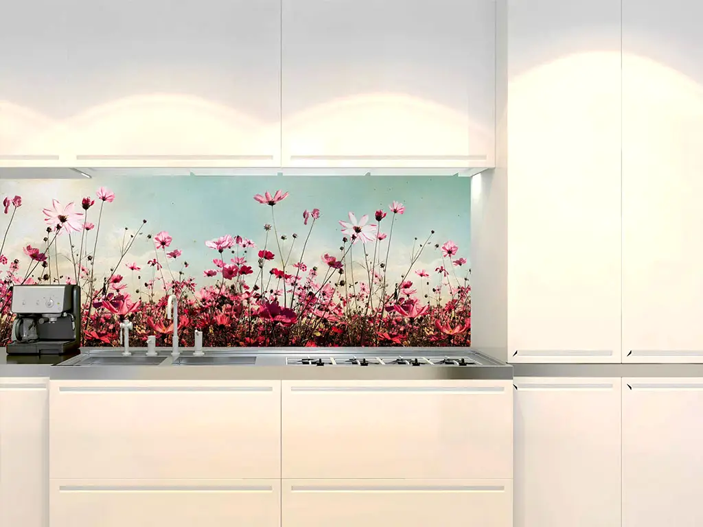 Autocolant perete contrablat bucătărie, Dimex, peisaj cu flori de câmp roz, rolă de 60x350 cm