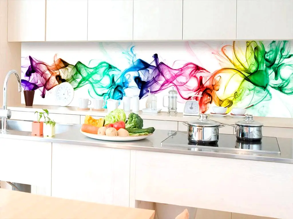 Autocolant perete backsplash, Dimex White Smoke, alb cu model abstract multicolor, rezistent la apă şi căldură, rolă de 60x350 cm