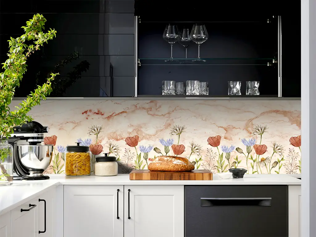 Autocolant perete, Folina, marmură bej cu detalii florale colorate, 67x200 cm