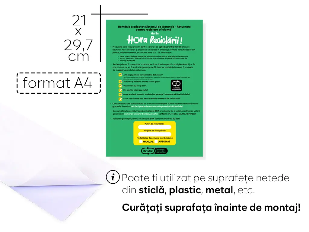 Autocolant indicator obligatoriu Returo pentru sistemul de garanție și returnare (SGR) pentru comercianți, Folina, format A4 - 210x297 mm