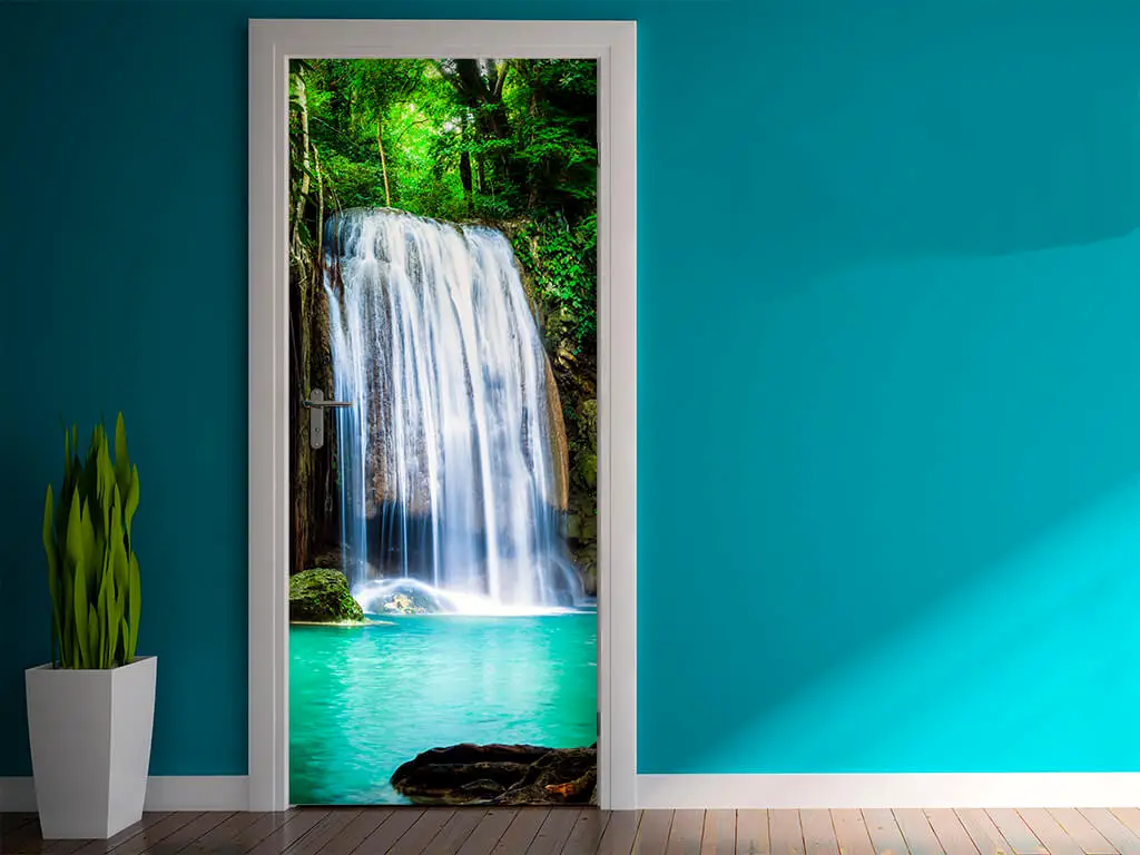 Autocolant uşă Cascadă tropicală, Folina, model multicolor, dimensiune autocolant 92x205 cm