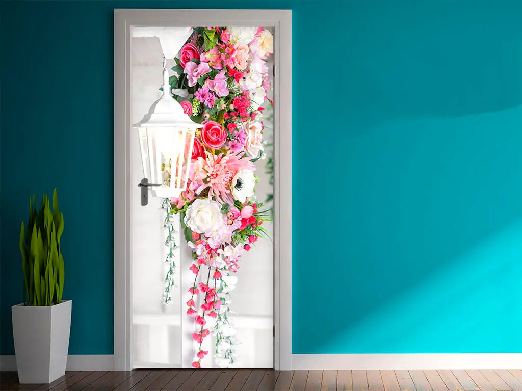 Autocolant uşă Felinar şi flori, Folina, model multicolor, dimensiune autocolant 92x205 cm