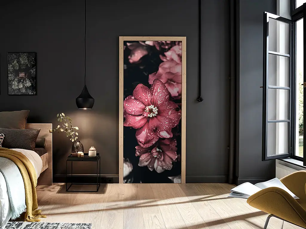 Autocolant uşă Floare roz, Folina, model floral, dimensiune autocolant 92x205 cm