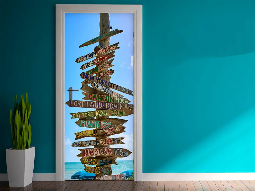 Autocolant uşă Indicatoare spre vacanţă, Folina, model multicolor, dimensiune autocolant 92x205 cm