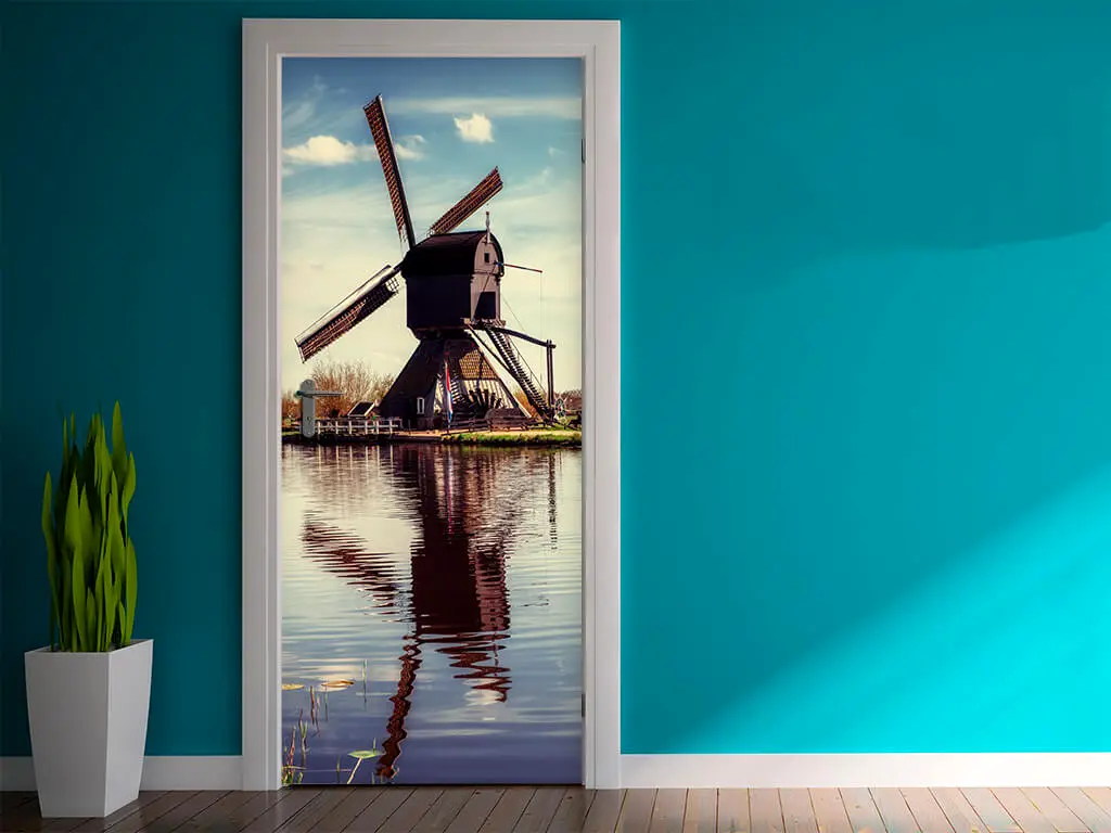 Autocolant uşă Moară din Olanda, Folina, model cu peisaj, dimensiune autocolant 92x205 cm