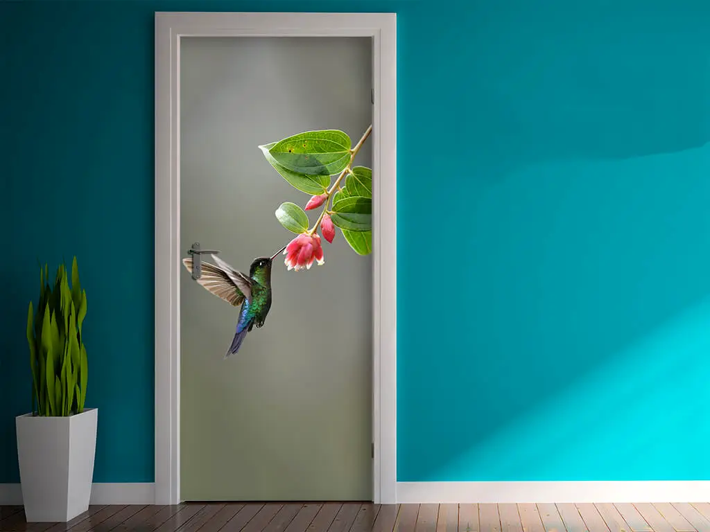 Autocolant uşă Pasăre Colibri, Folina, model cu peisaj, dimensiune autocolant 92x205 cm