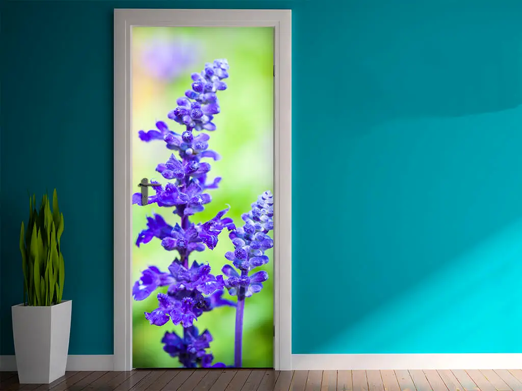 Autocolant uşă Purple flower, Folina, model cu peisaj, dimensiune autocolant 92x205 cm