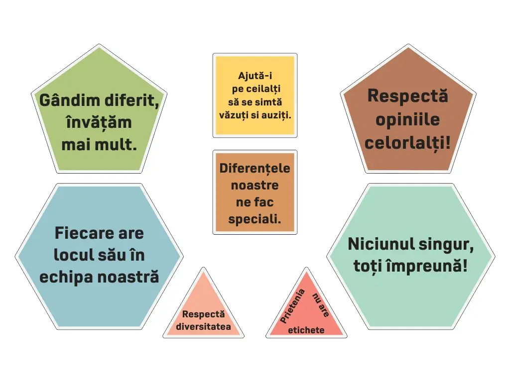 Set 8 stickere educative cu mesaje, Suntem o echipă, pentru decor sală de clasă