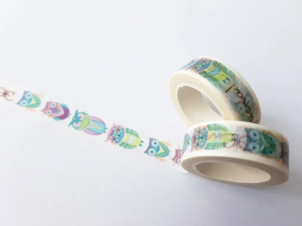 Set 2 role Bandă adezivă Washi Tape, Folina, model cu bufniţe, rolă bandă adezivă 15 mmx10 m