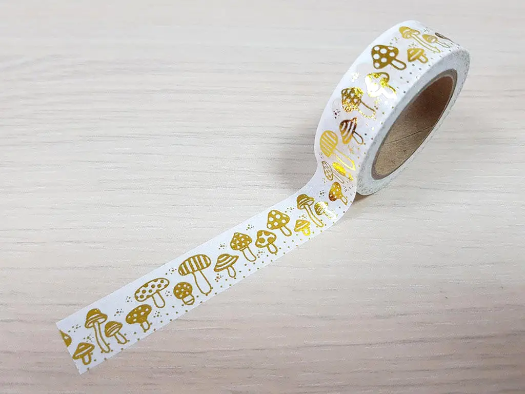 Bandă adezivă Washi Tape, Folina, model ciupercuţe aurii, 15 mm lăţime x 10 m lungime