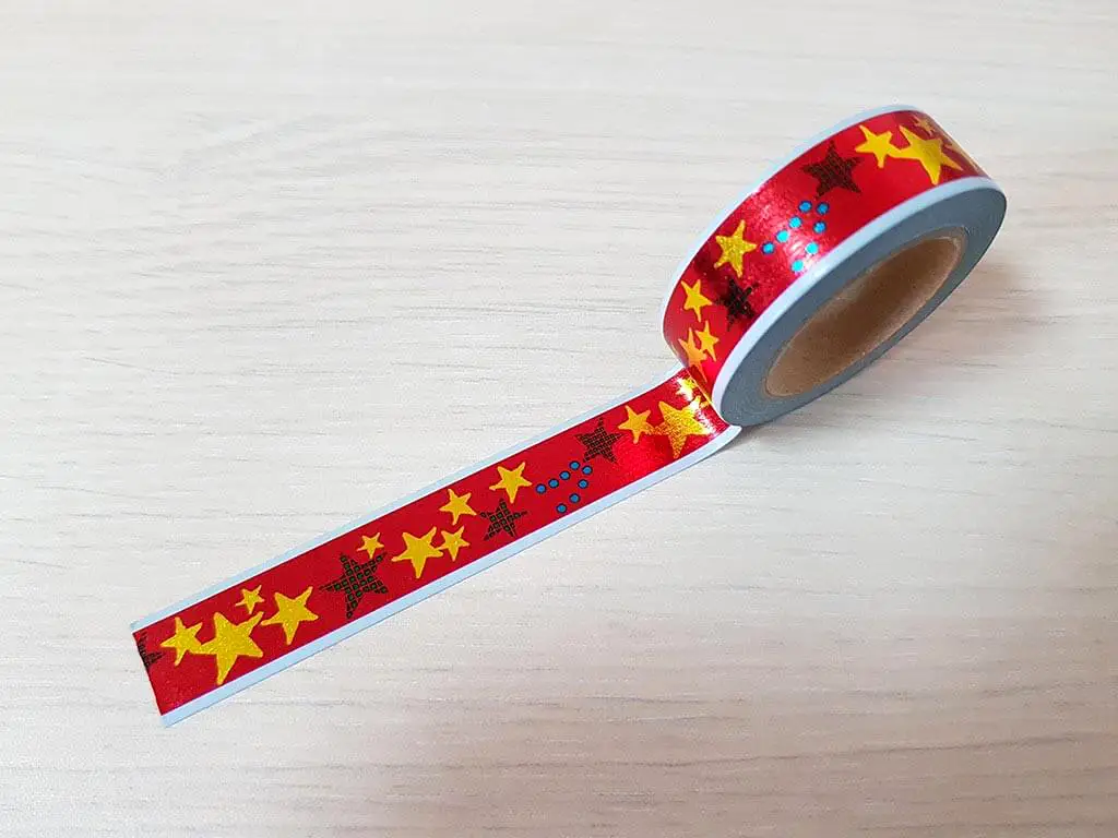 Bandă adezivă Washi Tape roşu metalic cu steluţe