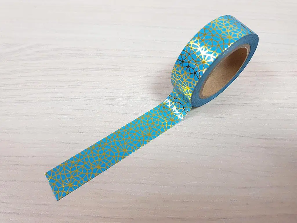 Bandă adezivă Washi Tape, Folina, turcoaz cu model auriu, 15mm x 10m