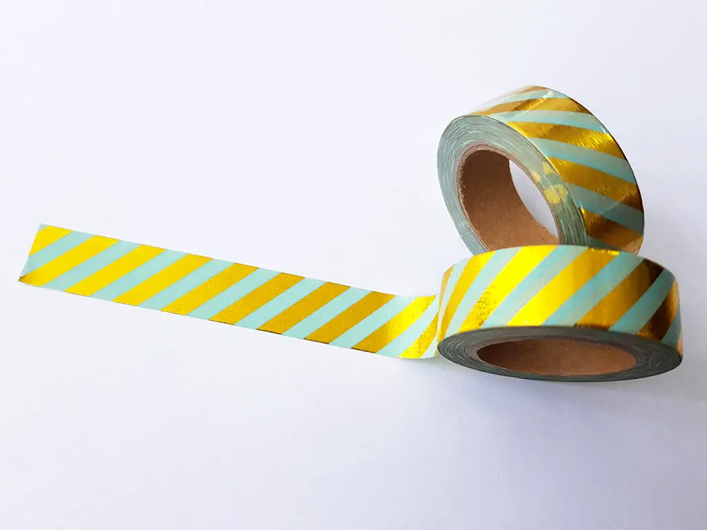 Bandă adezivă Washi Tape, Folina, culoare vernil cu dungi aurii, rolă bandă adezivă 15 mmx10 m