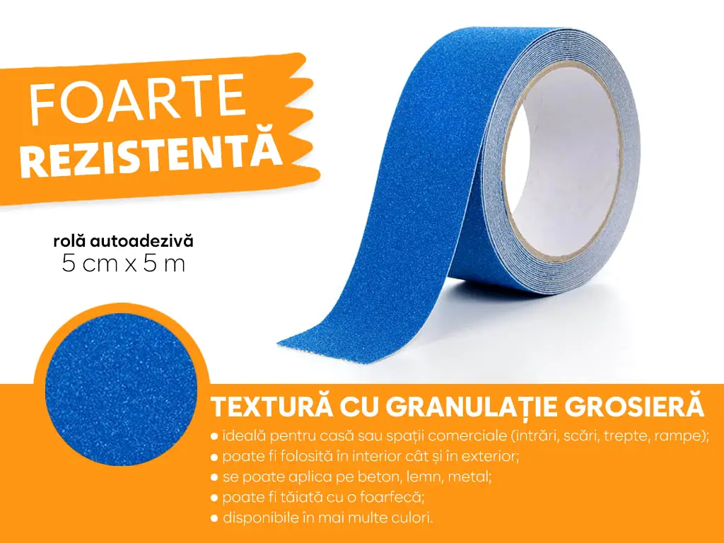 Bandă antialunecare, antiderapantă, autoadezivă cu granulație grosieră, culoare albastră, ideală pentru scări și podele, rolă 5 cm x 5 m